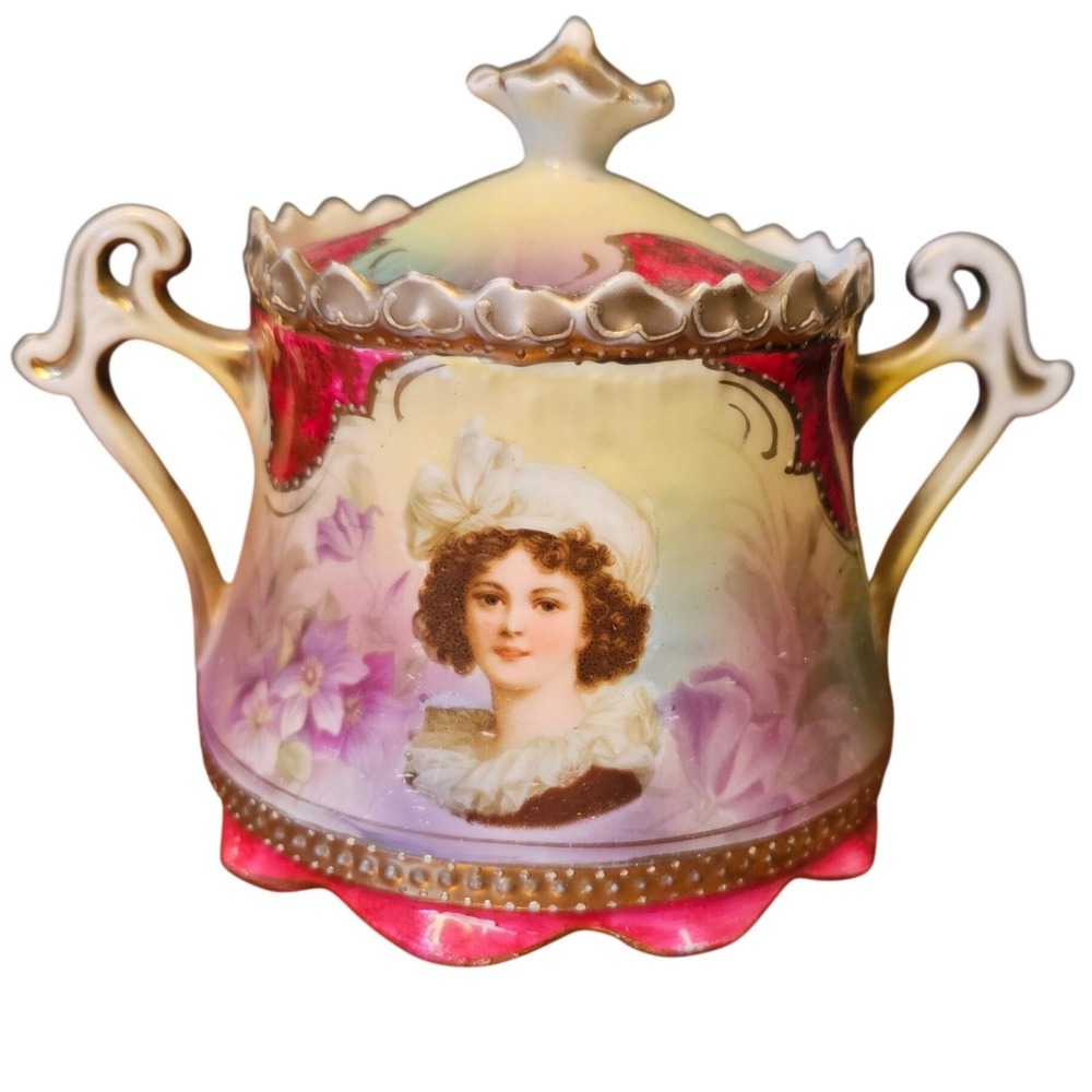 Antique German Porcelain Portrait Covered Sugar Bowl Red Gold Art Nouveau c1900